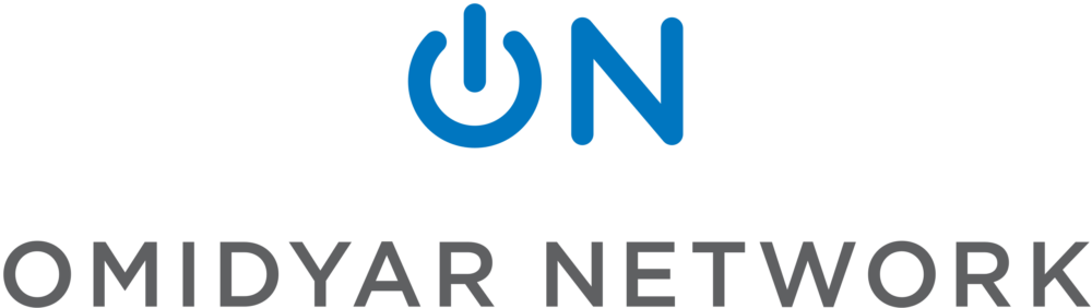 Omidyar Network Logo, gray text under logo depicting "on" with power button replacing "o".
